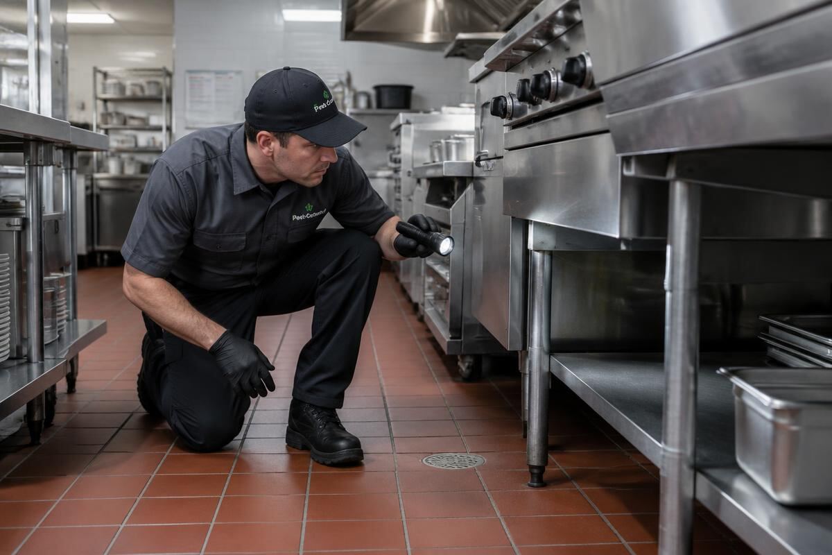 Technician inspecting a commercial kitchen for pest activity