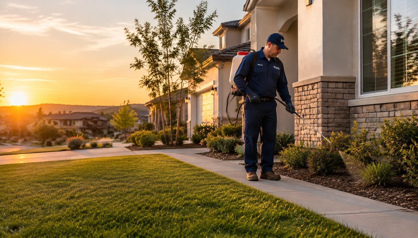 All American Pest Control technician treating the perimeter of a Bay Area home